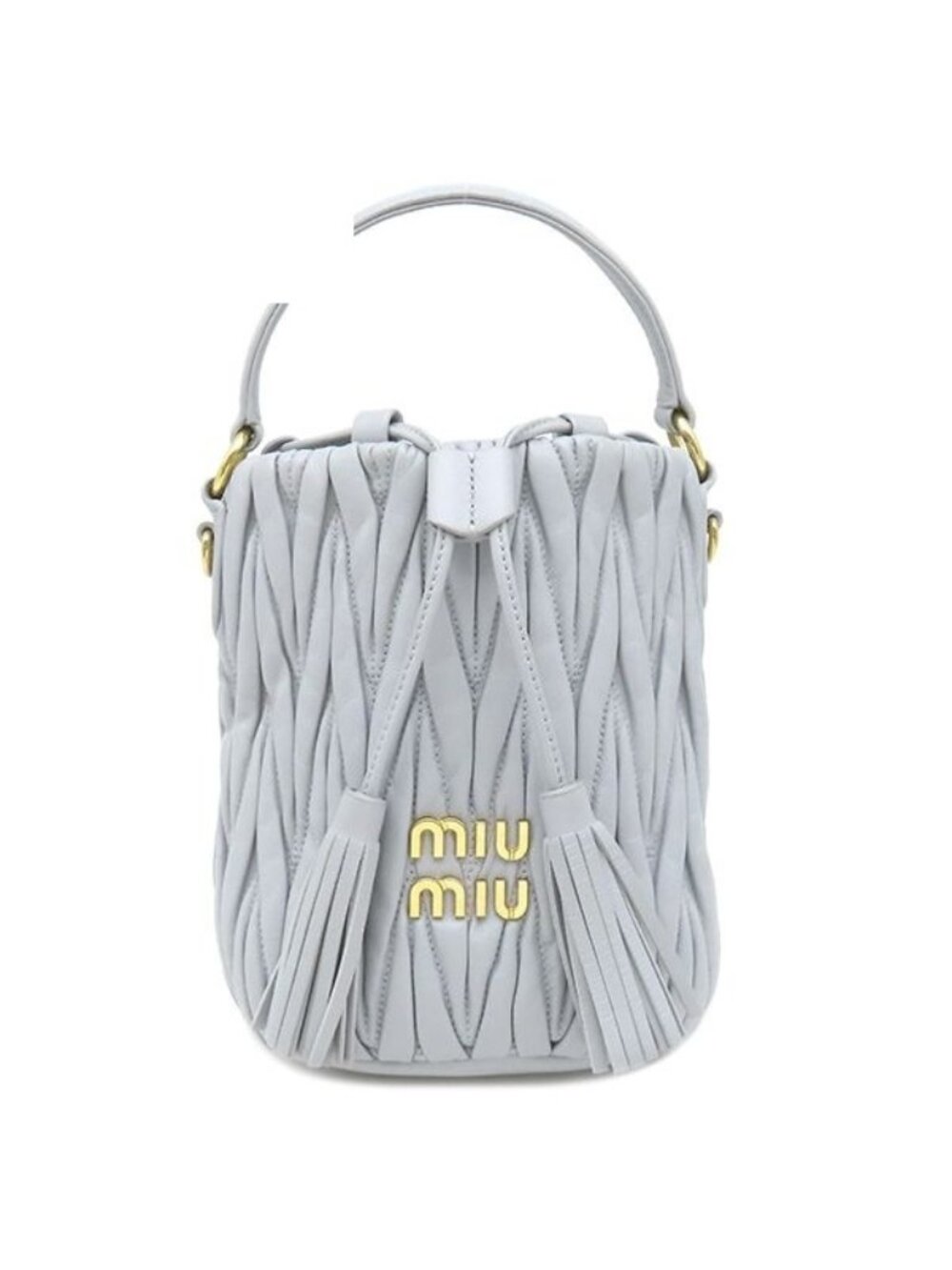 Miu Miu 2-Way Matelasse Bucket Bag Leather Cornflower Gold Blue Gray Quilted